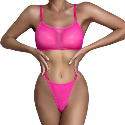 FGUUTYM Sexy Lingerie Set for Women, Adjustable Bra, Sexy Bottom, Sheer Panties, Patent-Look Women's Lingerie (Pink, S)