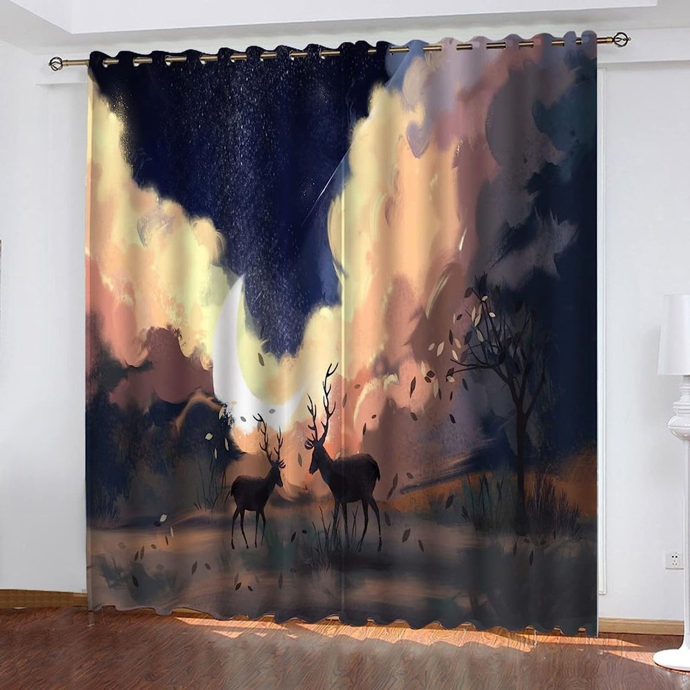Blackout Curtain with Grommets, Sound-Reducing, 3D Jungle Deer Design