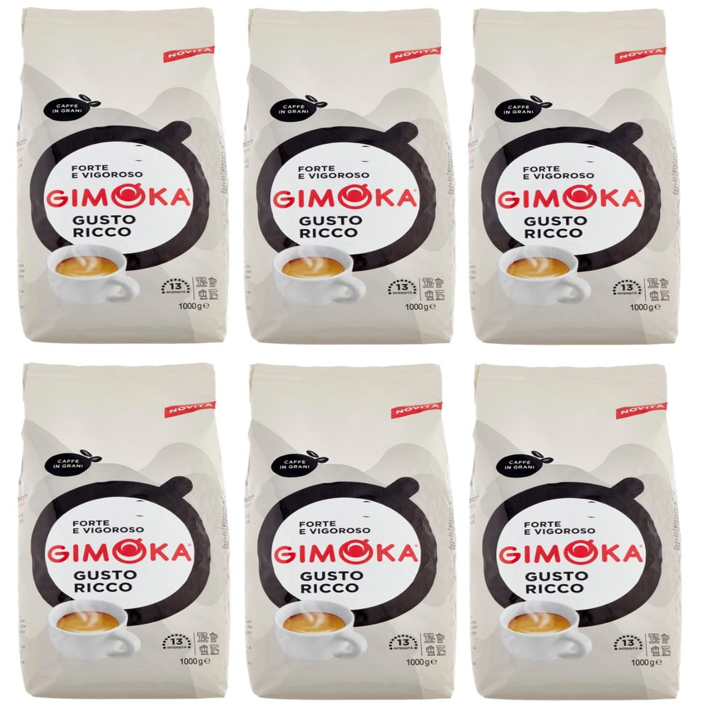 6-Pack Gimoka Caffè Ricco Whole Coffee Beans, Blend of Roasted Coffee Beans, 1 kg