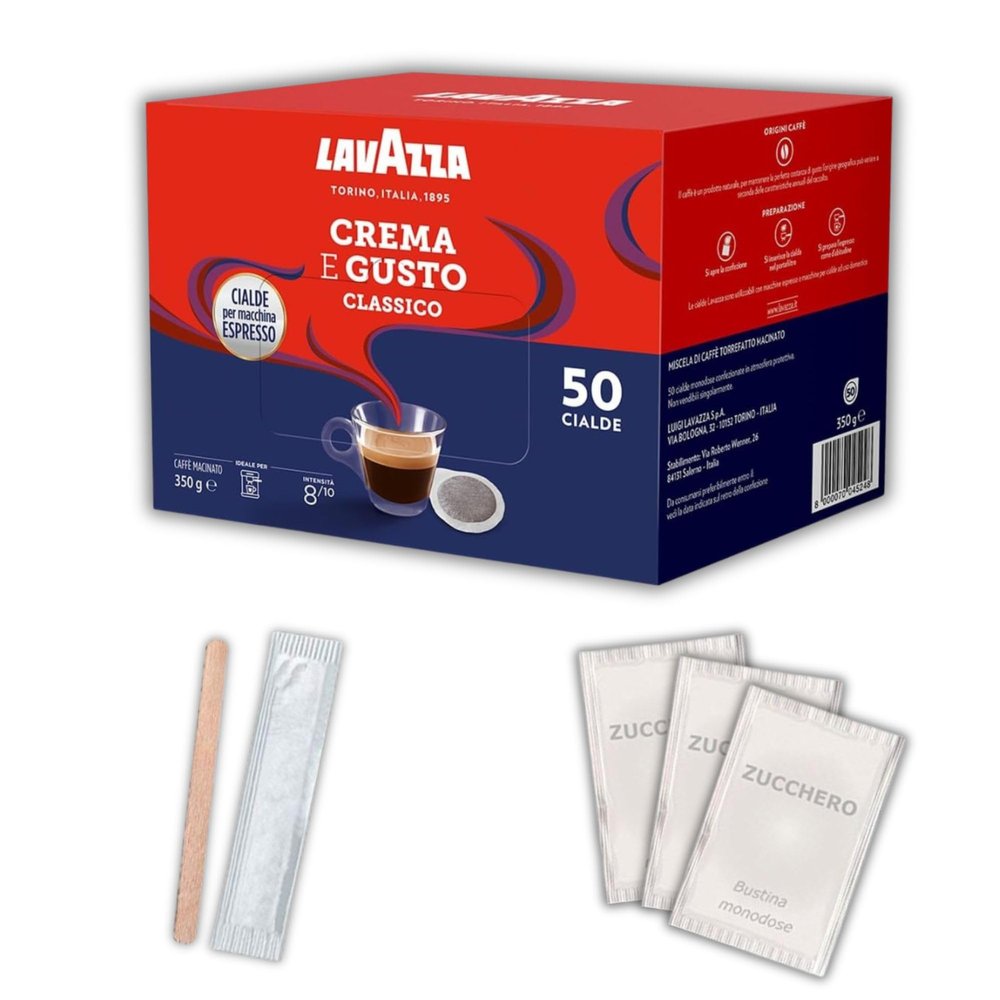 Lavazza Crema e Gusto Set: 50 Coffee Capsules, 50 Stirrers & 50 Sugar Packets