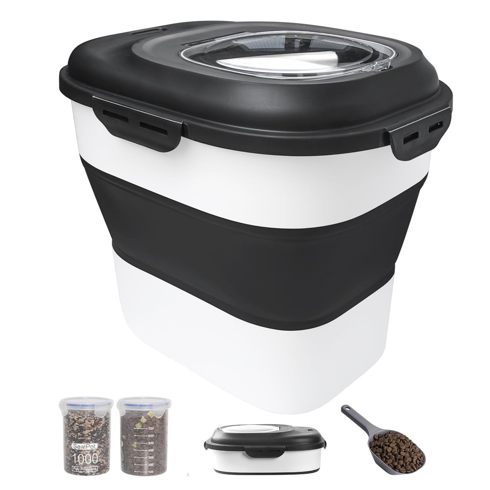 DDMOMMY 13.6/15.9 kg Foldable Dog Food Storage Container with Airtight Lids, Wheels, Scoop and 2 Food Containers
