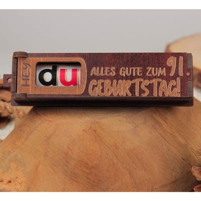 Urhome Gift Box Happy 91st Birthday with Duplo Chocolate Bar - Surprise Wooden Box with Engraved Message, Including Chocolate Bar - Birthday Gift, Dark Brown