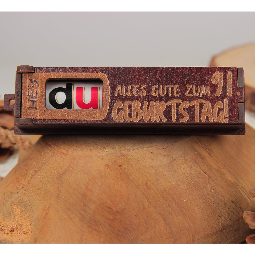 Urhome Gift Box Happy 91st Birthday with Duplo Chocolate Bar - Surprise Wooden Box with Engraved Message, Including Chocolate Bar - Birthday Gift, Dark Brown