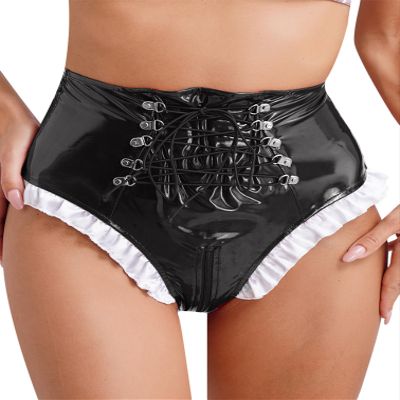 TiaoBug Women's Wetlook Open-Crotch Thong High-Waisted Briefs with Zipper, Black, 3XL