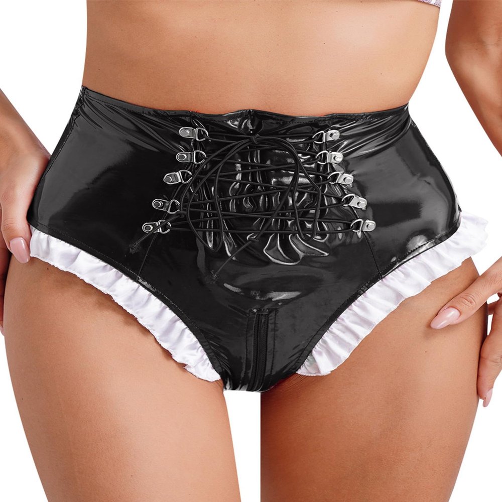 TiaoBug Women's Wetlook Open-Crotch Thong High-Waisted Briefs with Zipper, Black, 3XL