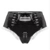 TiaoBug Women's Wetlook Open-Crotch Thong High-Waisted Briefs with Zipper, Black, 3XL view 3