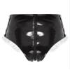 TiaoBug Women's Wetlook Open-Crotch Thong High-Waisted Briefs with Zipper, Black, 3XL view 4