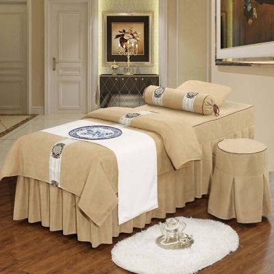 4-Piece Microfiber Massage Table Sheet Set with Solid-Color Table Skirt, Breathable Sheets (Khaki, Square Head, 190 x 70 cm)