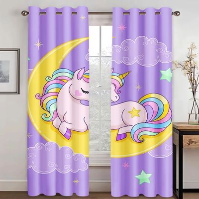 WEQEER Unicorn Room-Darkening Curtains, Pink Cartoon Horse, Rainbow and Clouds, for Kids' Room (220 x 215 cm, 2 x 110 x 215 cm)