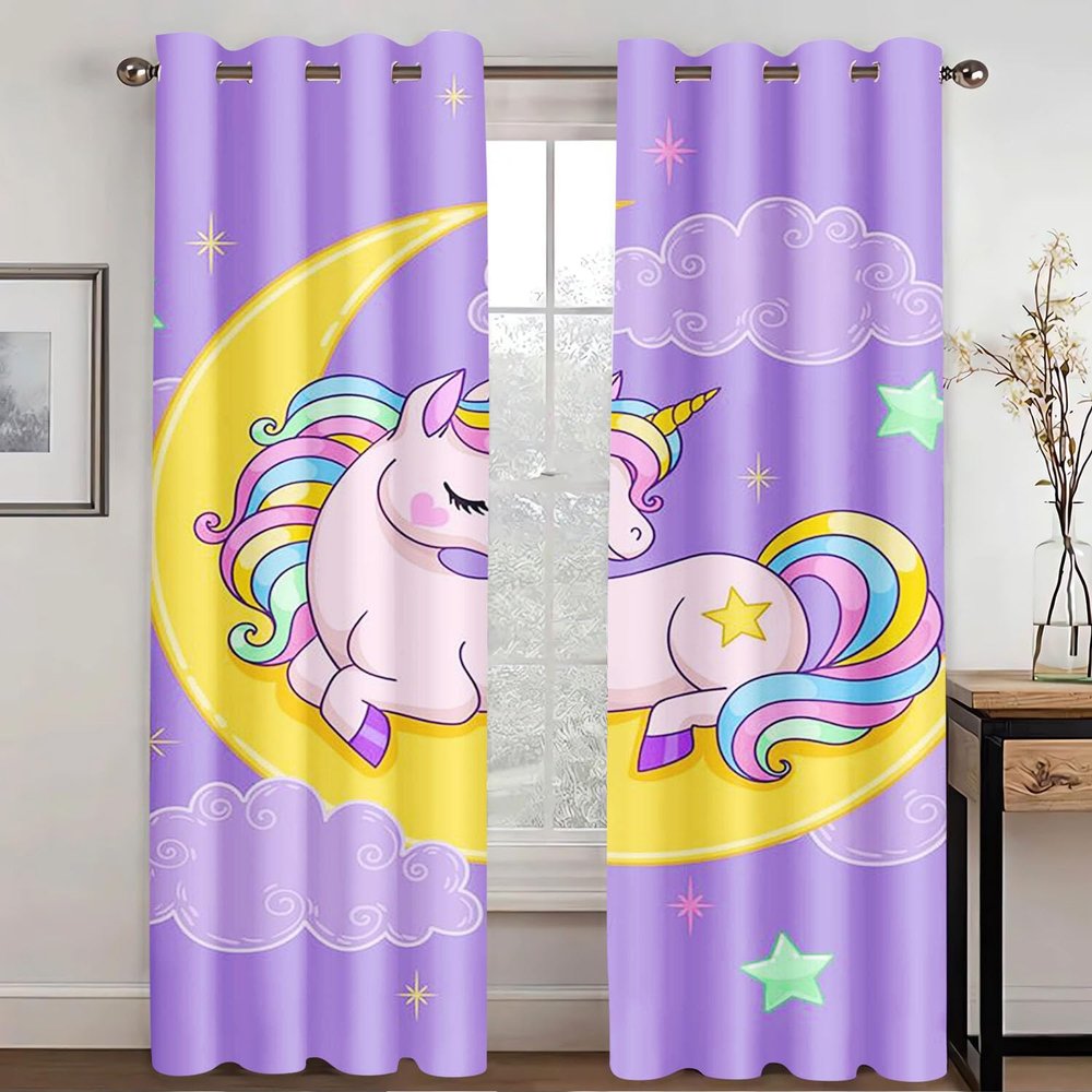 WEQEER Unicorn Room-Darkening Curtains, Pink Cartoon Horse, Rainbow and Clouds, for Kids' Room (220 x 215 cm, 2 x 110 x 215 cm)