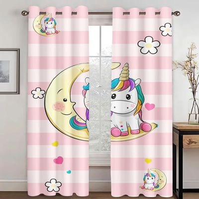 WEQEER Unicorn Room-Darkening Curtains, Pink Cartoon Horse with Rainbow Clouds