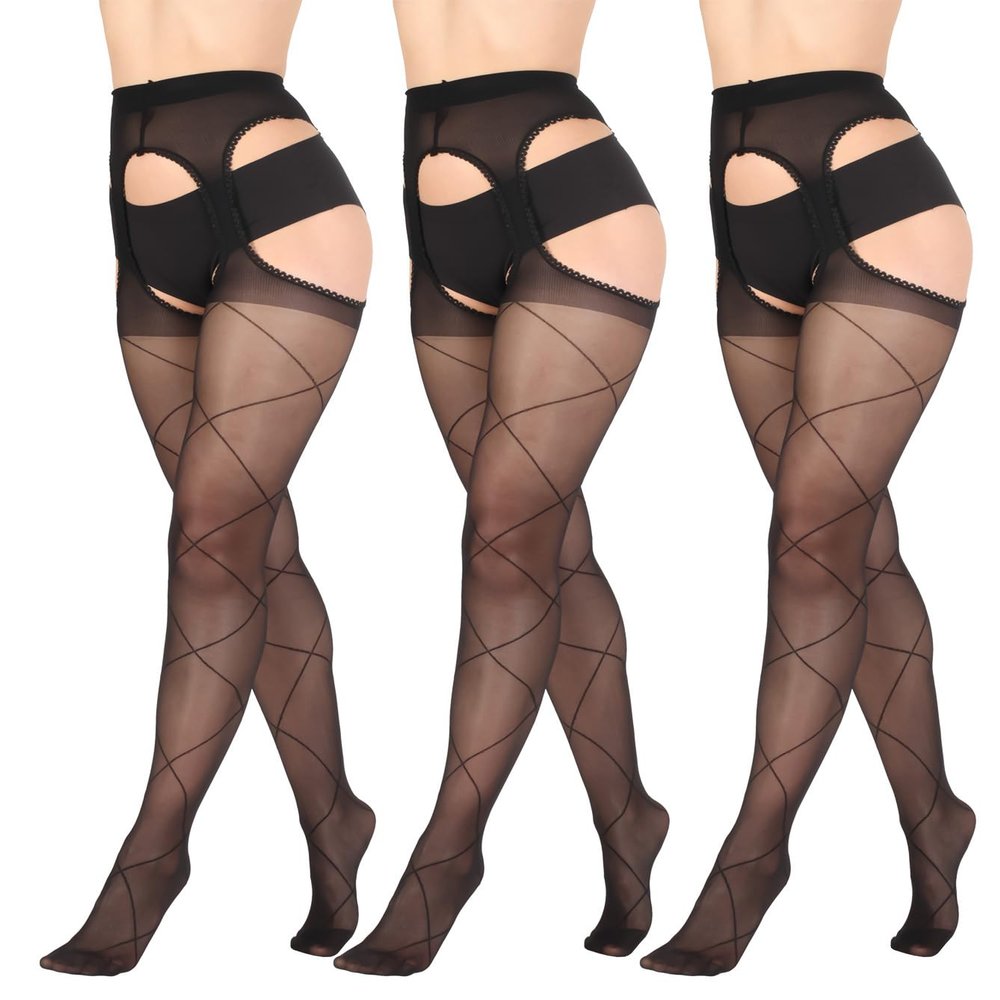 BANANALU 20 Den Fishnet Pattern Sexy Open-Crotch Pantyhose Cutout Love Desire Nero - 3-Pack, L