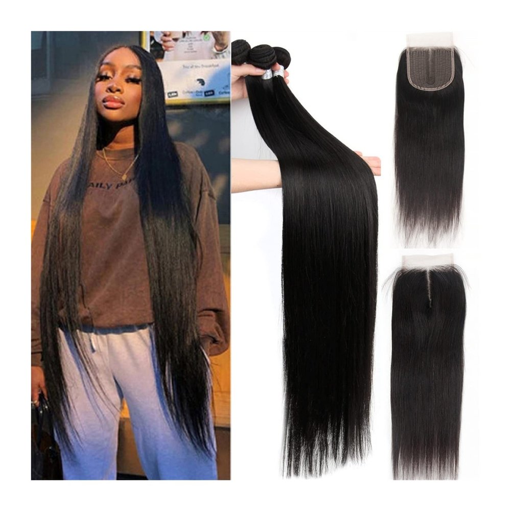 Peruvian Bone-Straight Human Hair Bundles with 5x5x1 Lace Closure, 3/4 Bundles