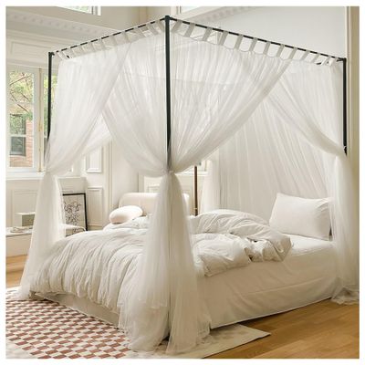 Elegant Adult 4-Corner Canopy Bed Frame with Curtains and Mosquito Net, Black Aluminum Alloy, Gray, Twin