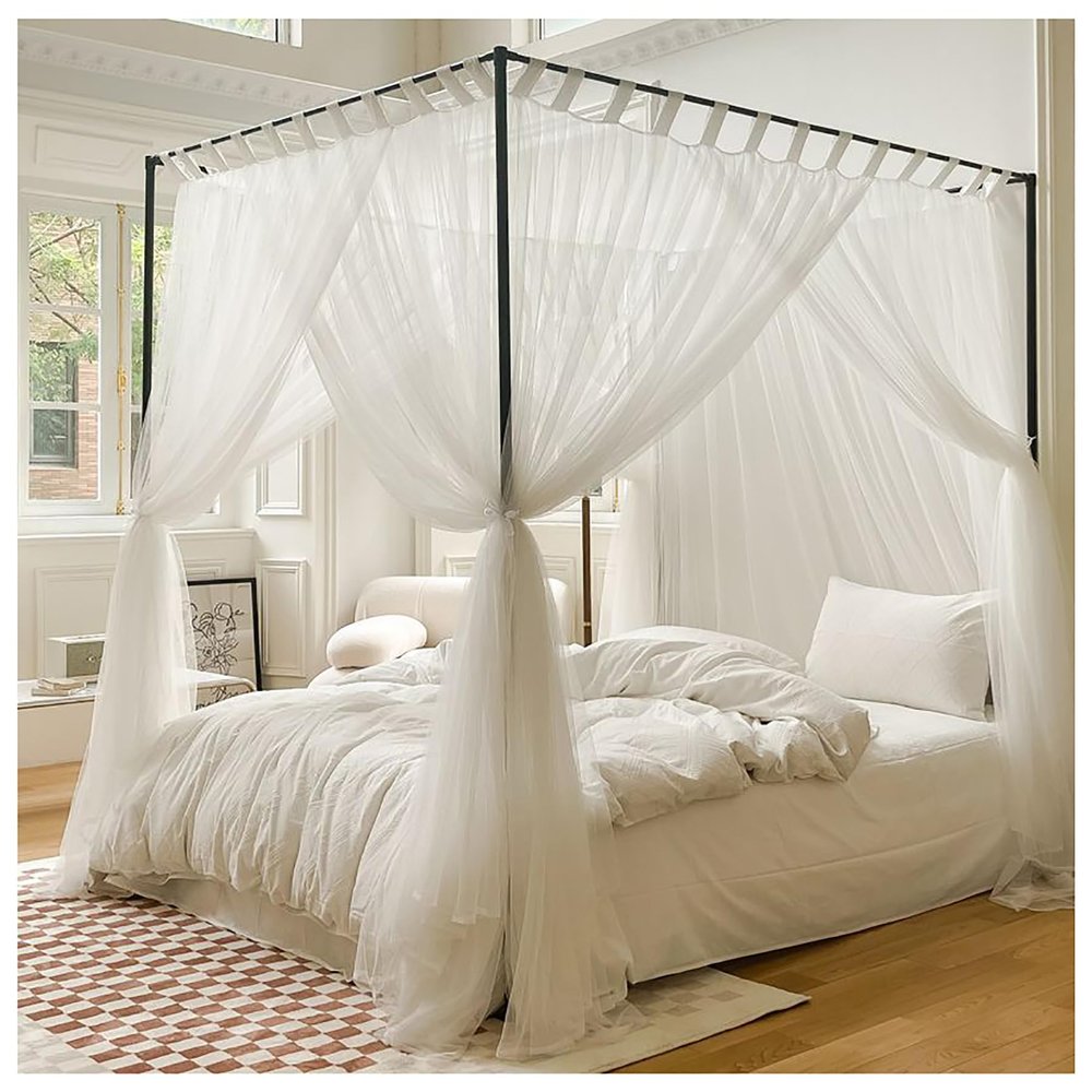 Elegant Adult 4-Corner Canopy Bed Frame with Curtains and Mosquito Net, Black Aluminum Alloy, Gray, Twin