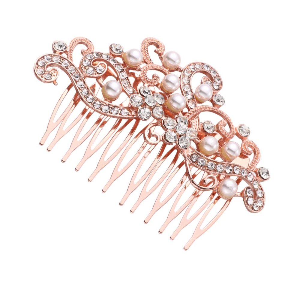 Housoutil Elegant Bridal Hair Comb with Pearls and Rhinestones, Gold-Tone