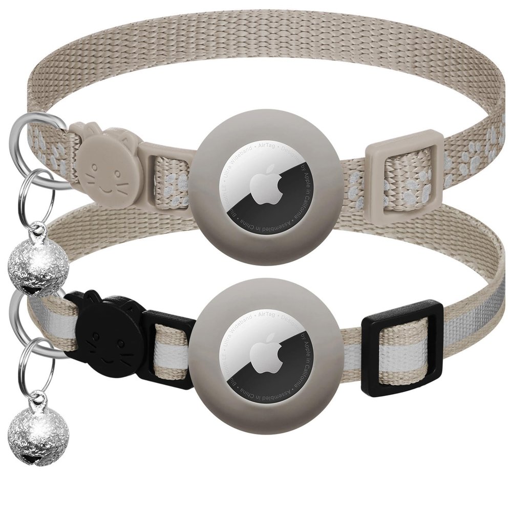 2-Pack AirTag-Compatible Cat Collars with Bells, Reflective Strips, Silicone Holders, and Safety Buckles
