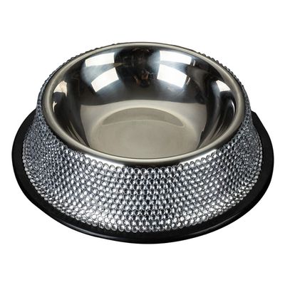 MONOJLY Stainless Steel Pet Food Bowl, for Food and Water, with Rhinestones and Non-Slip Rubber Base, 2 Colors