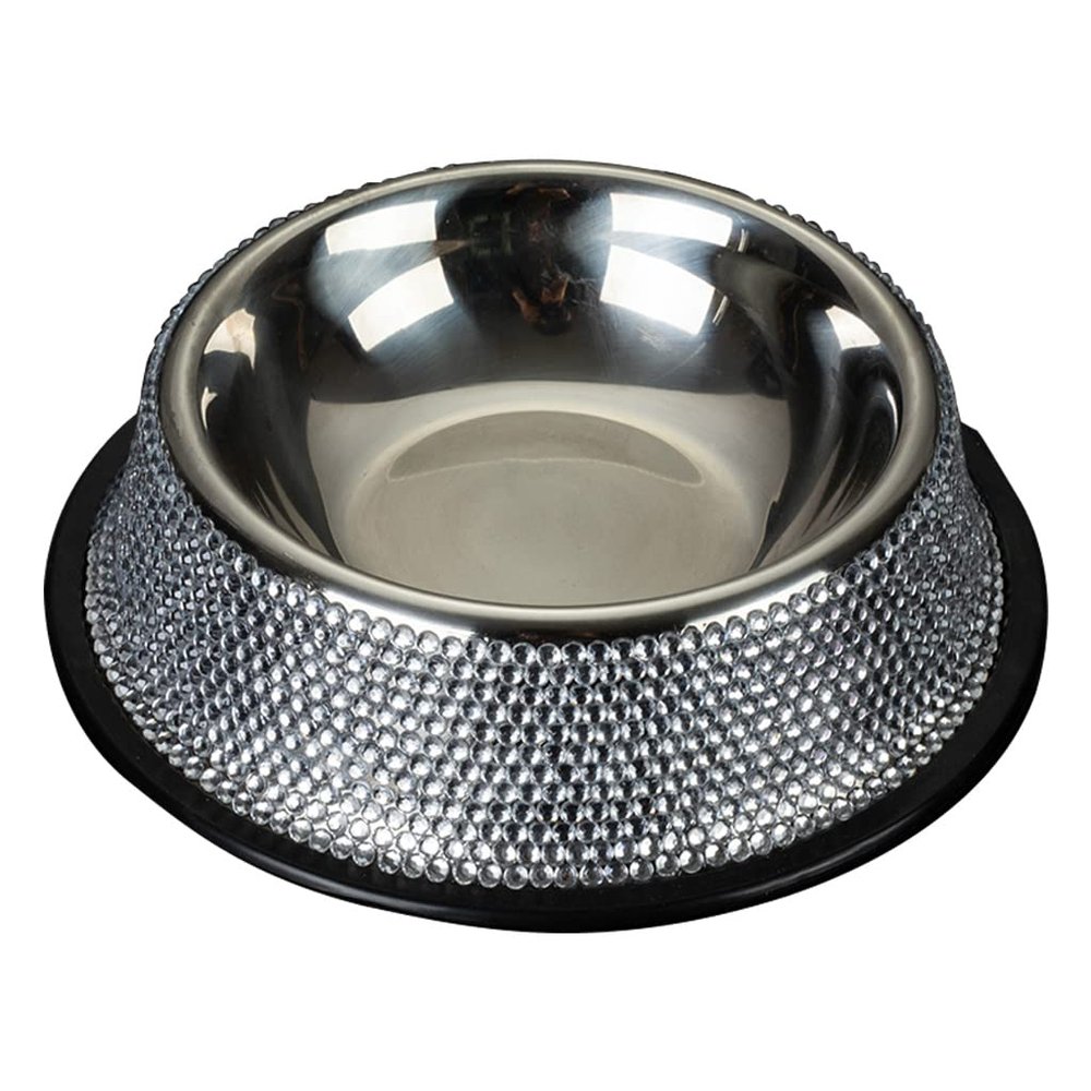MONOJLY Stainless Steel Pet Food Bowl, for Food and Water, with Rhinestones and Non-Slip Rubber Base, 2 Colors
