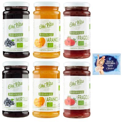 6-Pack Ohi Vita Marmalade Variety Pack: Orange, Strawberry & Blueberry, Creamy Fruit Compote, 250 g Jars + Free 100 g Felce Azzurra Talcum Powder