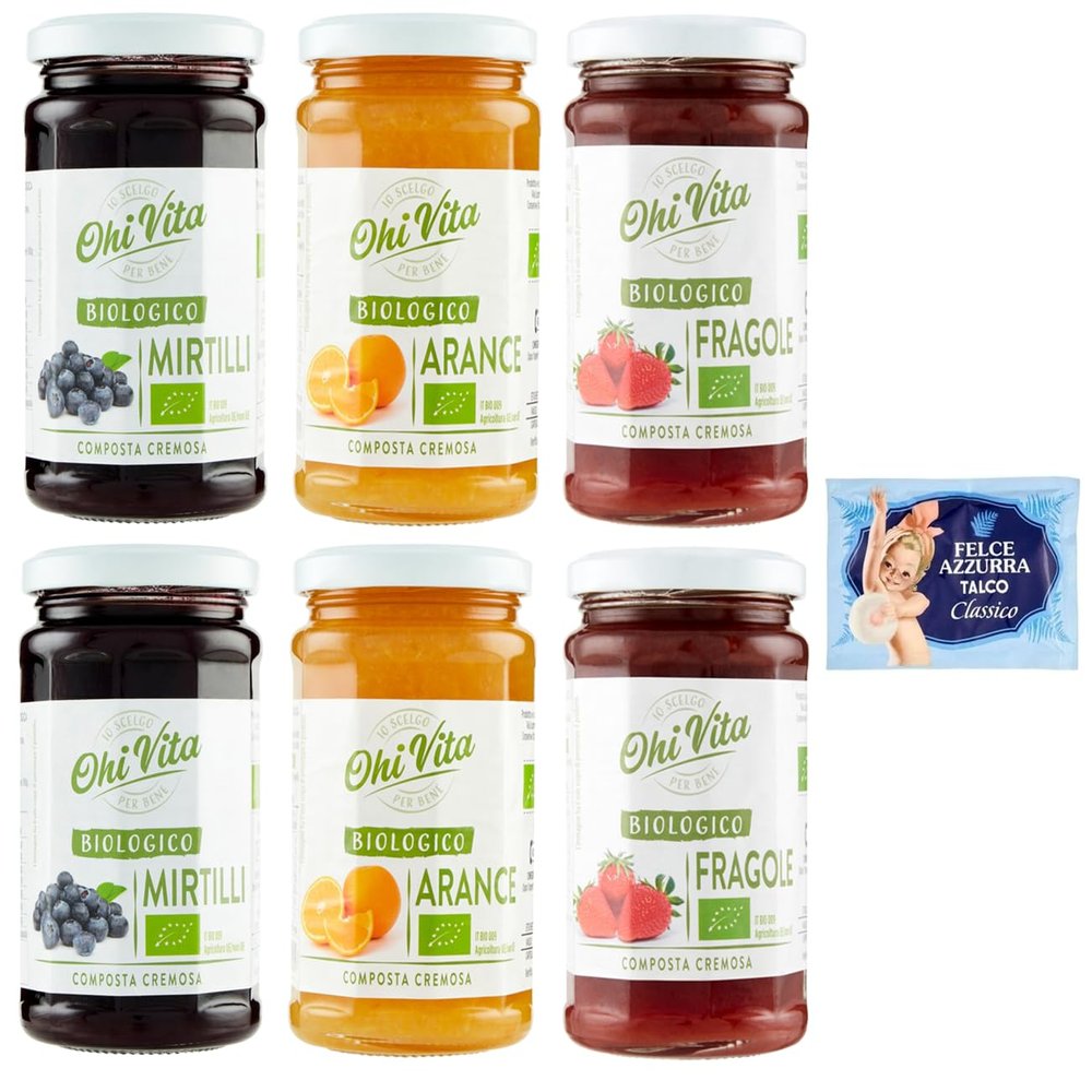 6-Pack Ohi Vita Marmalade Variety Pack: Orange, Strawberry & Blueberry, Creamy Fruit Compote, 250 g Jars + Free 100 g Felce Azzurra Talcum Powder