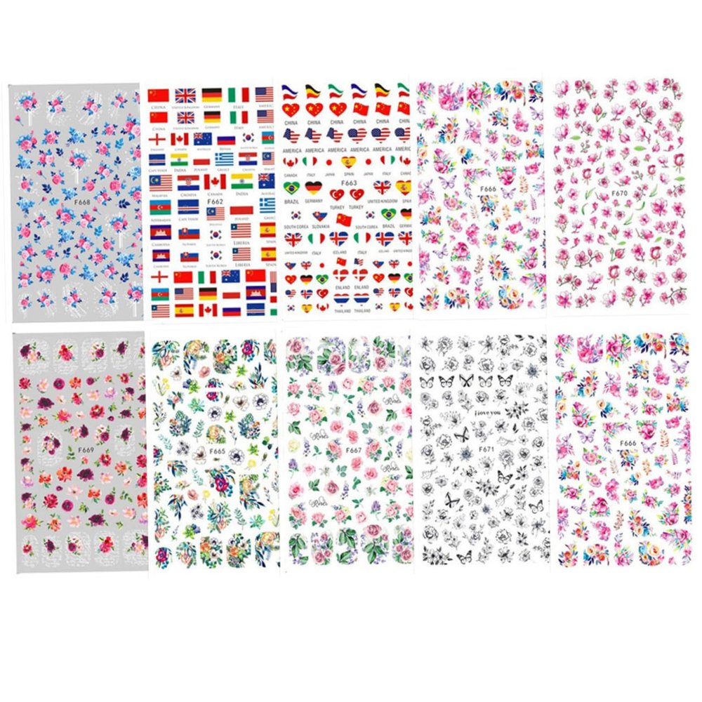 Housoutil Paper Nail Stickers, 10-Piece Set, Fresh Flowers and Butterflies, Self-Adhesive, Random Styles