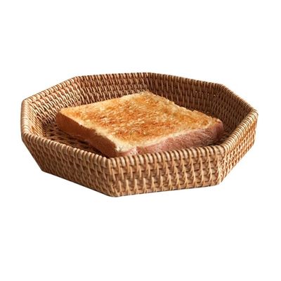 PTATT Rattan and Solid Wood Fruit Basket, Woven Storage Organizer, Brown-M