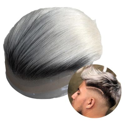 Men’s Human Hair Toupee, Lace Front with PU Base, 8 x 10 in, #1B/60, Straight