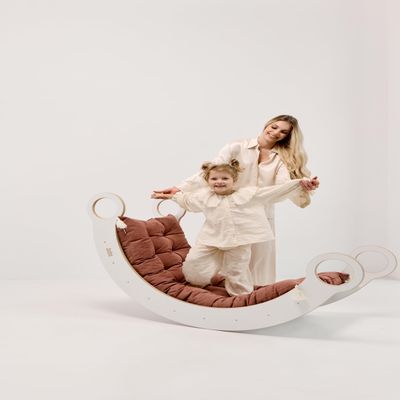 Climbing Arch from Age 2, XXL Montessori Wooden Rocker for Children and Adults, 150 x 60 x 75 cm (Pink Cushion, White)