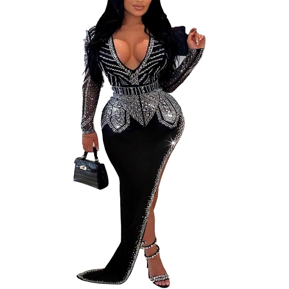 Nagfar Women's Rhinestone and Sequin Dress for Birthday Parties, Sexy New Year's Dress, Black, X-Large