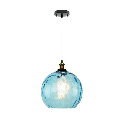 DONHEK Industrial Vintage Globe Pendant Light, 20 cm Blue Water-Ripple Glass Shade, Retro Loft Bar E27 Ceiling Light, Bronze Finish