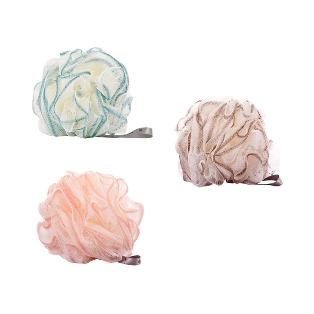 DOITOOL 3-Pack Bath Poufs with Hanging Cords, Green, Pink and Brown