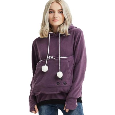OTMYIGO Women's Pet Pouch Hoodie, Long-Sleeve Sweatshirt, Cute Cat Print, Purple, S