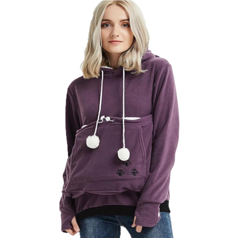 OTMYIGO Women's Pet Pouch Hoodie, Long-Sleeve Sweatshirt, Cute Cat Print, Purple, S