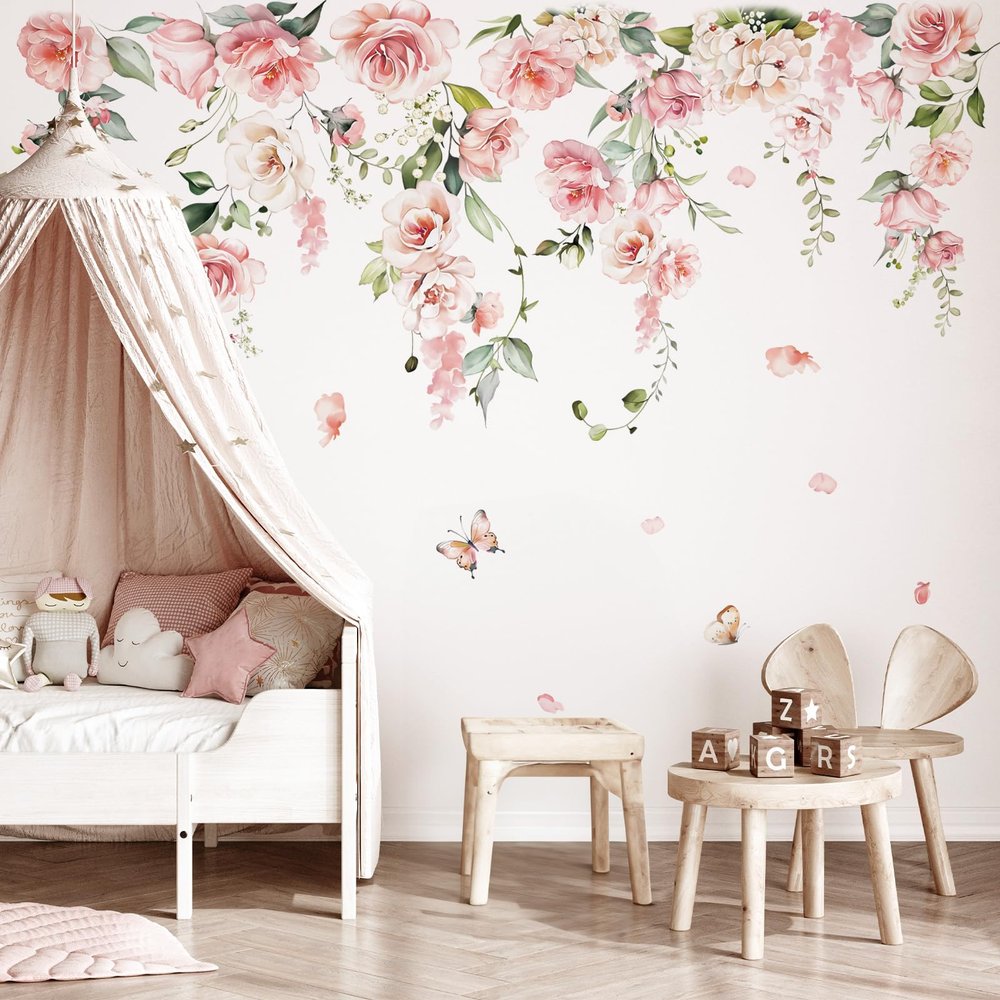 decalmile Pink Peony Flower Wall Stickers, Vine Wall Decal, Blossoms (XL)