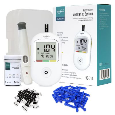 EUROPAPA Blood Glucose Meter Kit with Test Strips, Lancets and Lancing Device, mg/dL, 50 Count, White