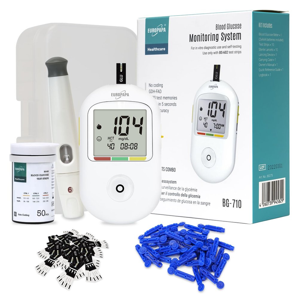 EUROPAPA Blood Glucose Meter Kit with Test Strips, Lancets and Lancing Device, mg/dL, 50 Count, White