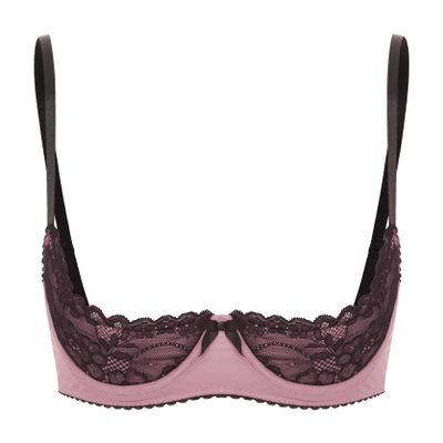 Hedmy Women's Push-Up Lift Bra with Bow and Lace, Open-Bust Underwire Lingerie, Pink, XL