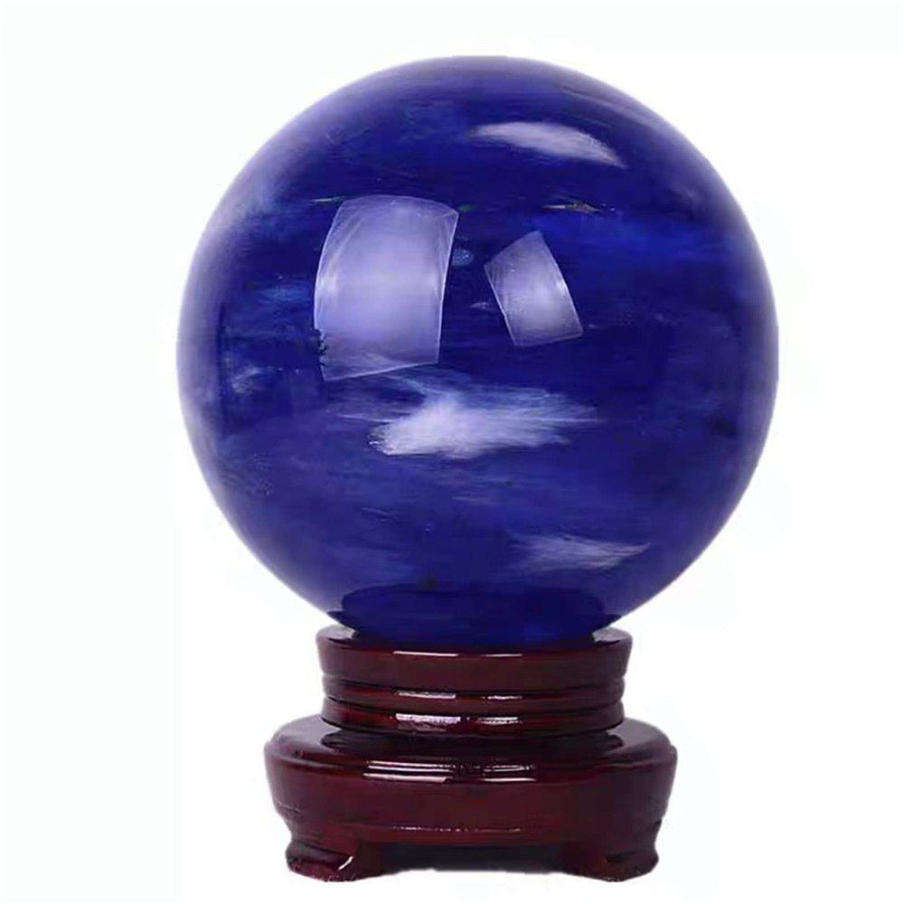 JALYKA Rough Blue Natural Crystal Ball with Stand, Melted Red Crystal Ball Decor for Divination Mirror, Home Decor, 3.1 in