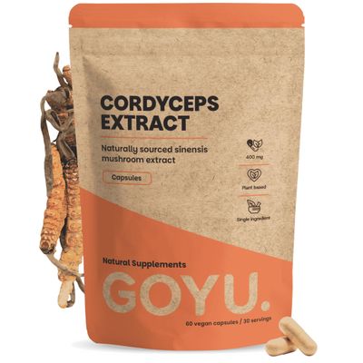 GOYU Cordyceps Extract Capsules 400 mg, 60 Capsules – Mushroom Extract, 20% Beta-Glucan, 30% Polysaccharides, Energy, Vegan, No Additives, Lab-Tested, 60-Day Supply per Bag