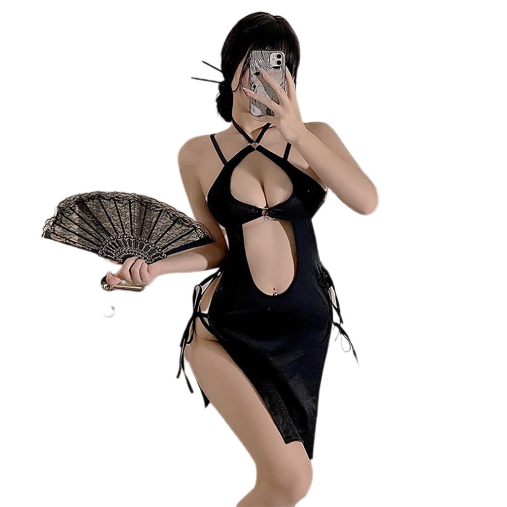 QNCLO Women's Sexy Velvet Cheongsam Chinese Satin Split-Fit Mini Dress Lingerie (Black 4)