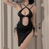 QNCLO Women's Sexy Velvet Cheongsam Chinese Satin Split-Fit Mini Dress Lingerie (Black 4) view 2