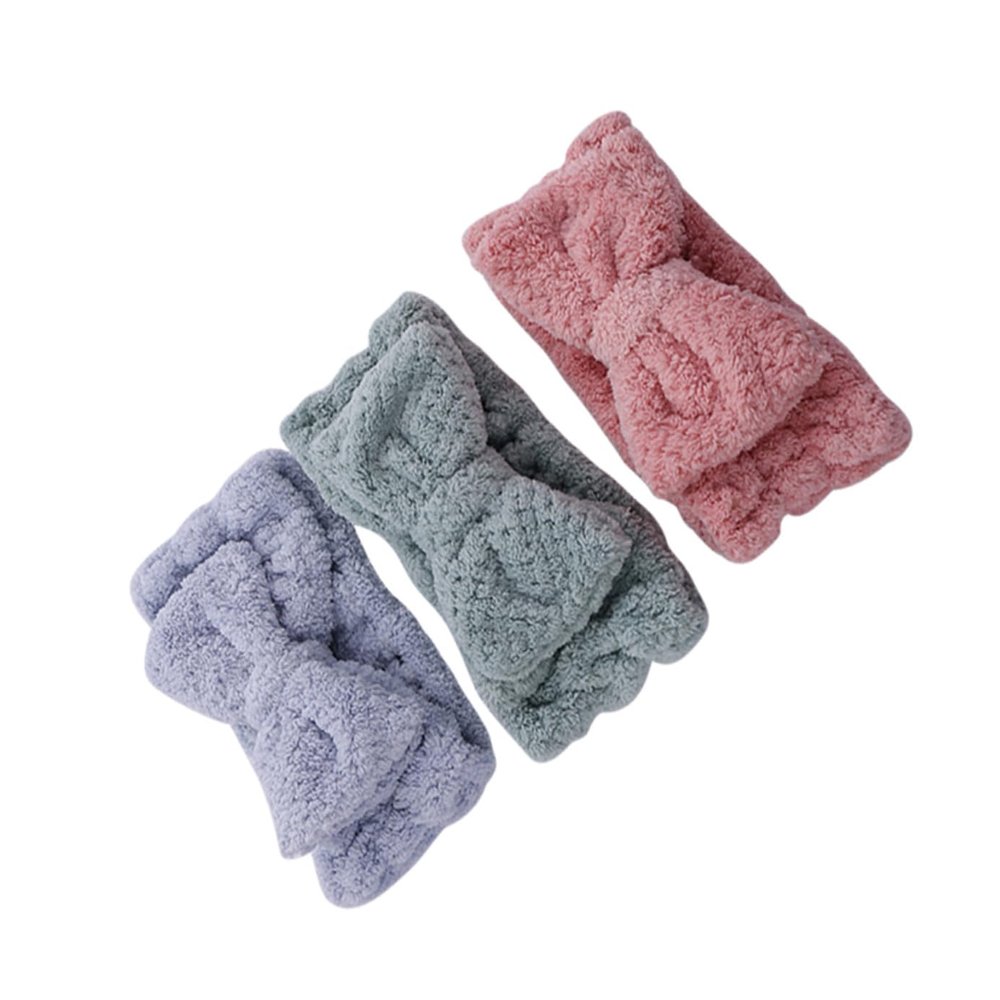 Housoutil 3-Piece Bow Headband Set, Coral Fleece Hairbands for Face Washing and Showering