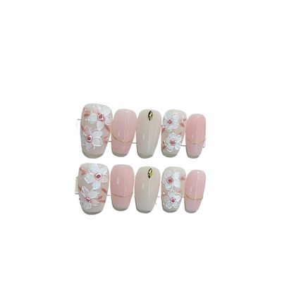 Handmade Pink Blush Short Press-On Acrylic Nails with Glue, Full Cover, Color 7, Size S