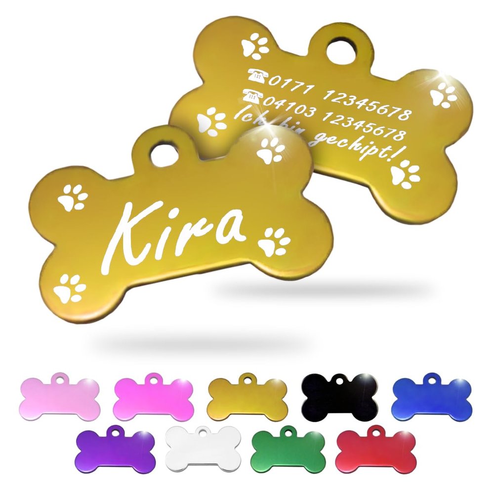 Ibera Gifts - Personalized Dog Tag in Bone Shape for Small to Medium Dogs and Cats (Gold, Paw Print)