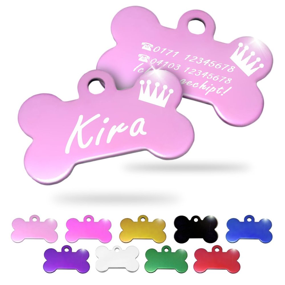 Ibera Gifts - Engraved Dog Tag in Bone Shape for Small to Medium Dogs and Cats (Pink, Crown)