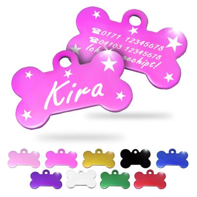 Ibera Gifts - Personalized Dog Tag in Bone Shape for Small to Medium Dogs and Cats (Pink, Stars)
