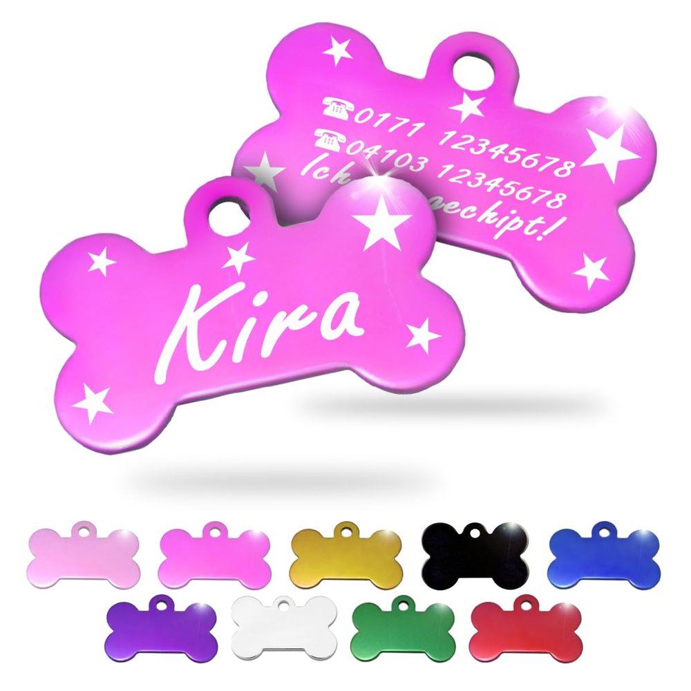 Ibera Gifts - Personalized Dog Tag in Bone Shape for Small to Medium Dogs and Cats (Pink, Stars)