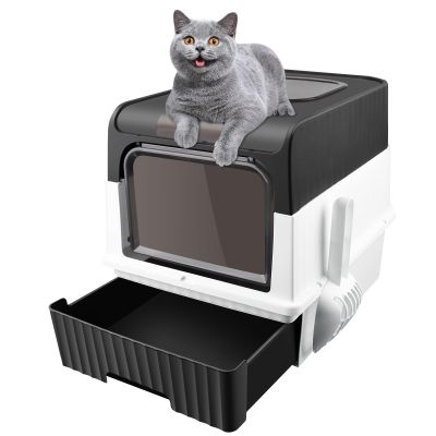 Enclosed Foldable Cat Litter Box, Large, with Lid & Deodorizing Set, Removable PP Plastic Tray, 49 x 37 x 35 cm (W, Black)