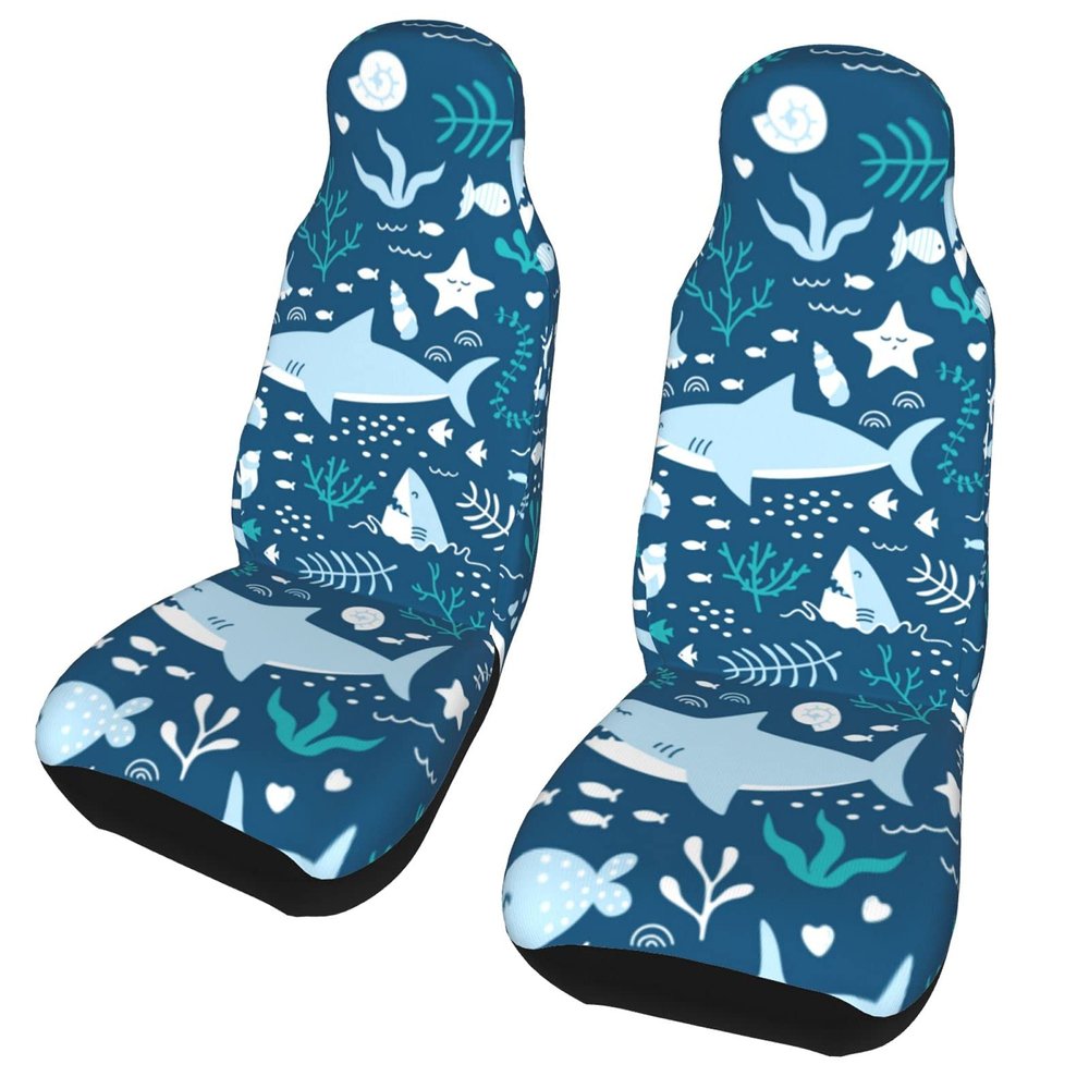 BEEOFICEPENG Universal Front Car Seat Covers, 2-Pack, Cute Underwater Sharks